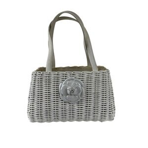 Zalo Handbag Womens White Wicker Basket Tote Leather Flower Shoulder Bag Purse